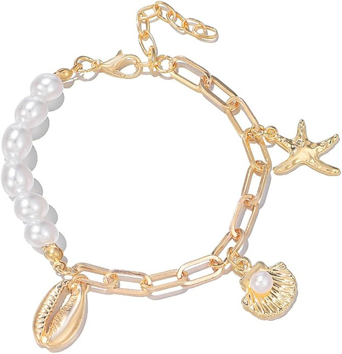 Gold Shell Bracelets for Women Boho Seashell Bracelets Cowrie Starfish Pearl Charm Bracelets Summ... | Amazon (US)