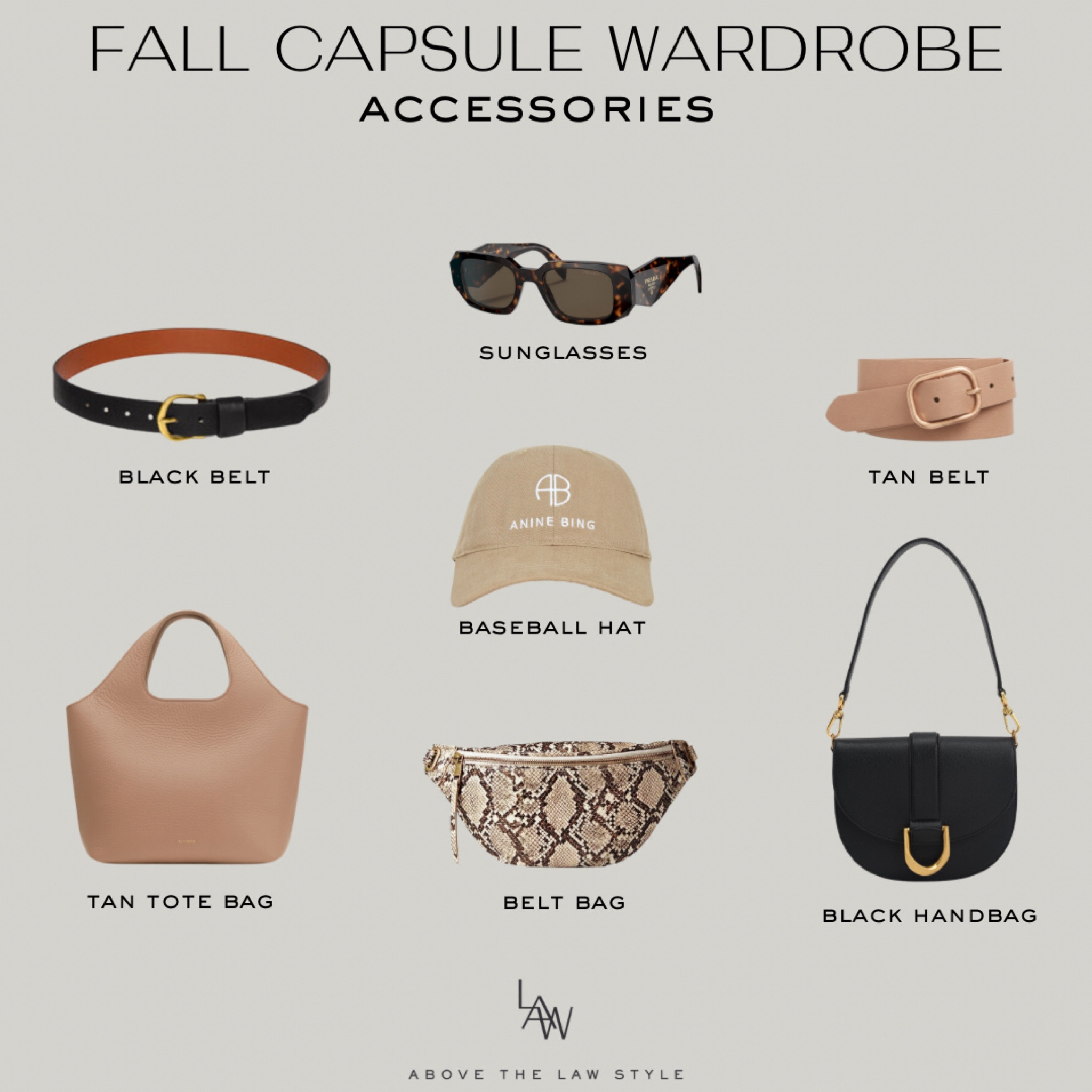 Fall Capsule Wardrobe
•
black belt, tan belt, tan handbag, black handbag, purse, sunglasses, belt bag, baseball hat, tote bag 

#LTKstyletip #LTKSeasonal #LTKunder100