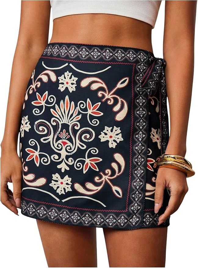 MAKEMECHIC Women's Summer Boho Wrap Mini Skirt Beach Vacation Short Skirts | Amazon (US)