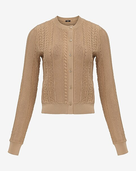 Pointelle Crew Neck Long Sleeve Cardigan | Express