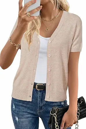 Arach&Cloz Women's Wool Blend Short Sleeve Lightweight Cardigan Business Casual Summer Sweaters T... | Amazon (US)
