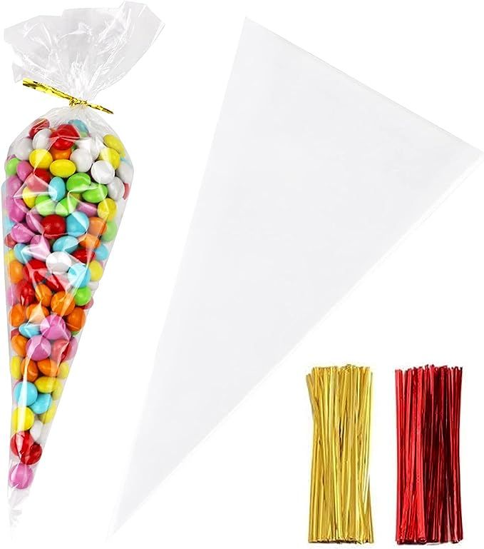 Cone Cellophane Bags, 6.3x11.8 Inches Plastic Popcorn Cone Bags for Party, Clear Cone Shaped Trea... | Amazon (US)