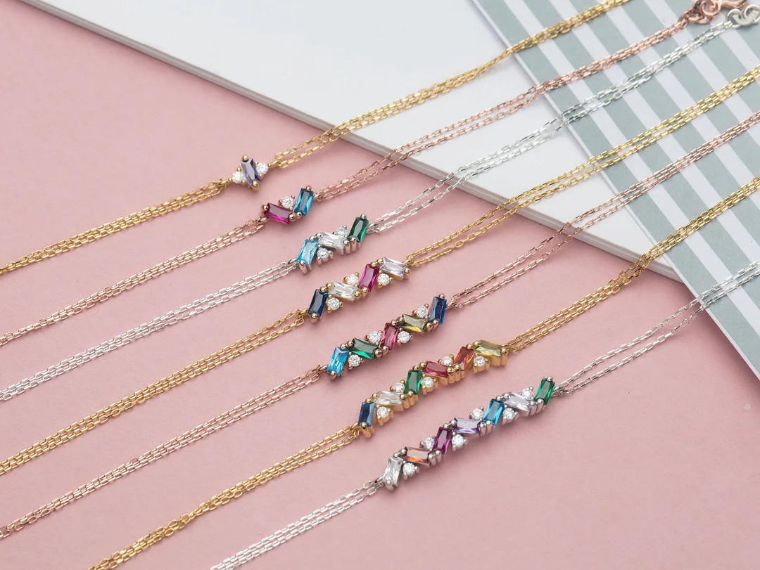 14K Gold Baguette Birthstone Bracelets, Custom Made Family Birthstone Jewelry, Personalized Silve... | Etsy (US)