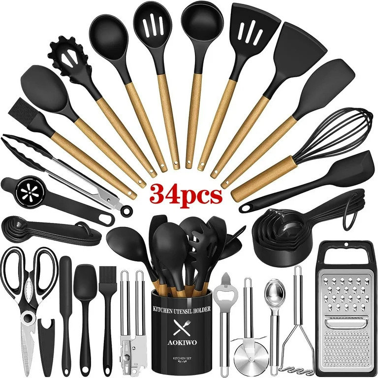 AOKIWO Kitchen Utensils Set- 34PCS Silicone Cooking Utensil Set with Wooden Handles, Heat Resista... | Walmart (US)