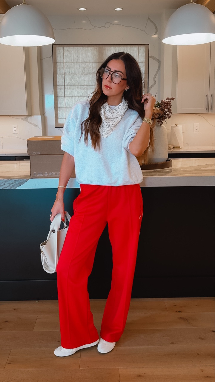 Wearing a medium in this airy, crewneck, gray sweatshirt, wearing a small and these red Adidas, track pants, athletic ballet, flat sneakers from ZARA, cream handbag from Zara, blue light glasses from Amazon, lace, crochet scarf from Amazon

#LTKOver40 #LTKmomlife #LTKootd