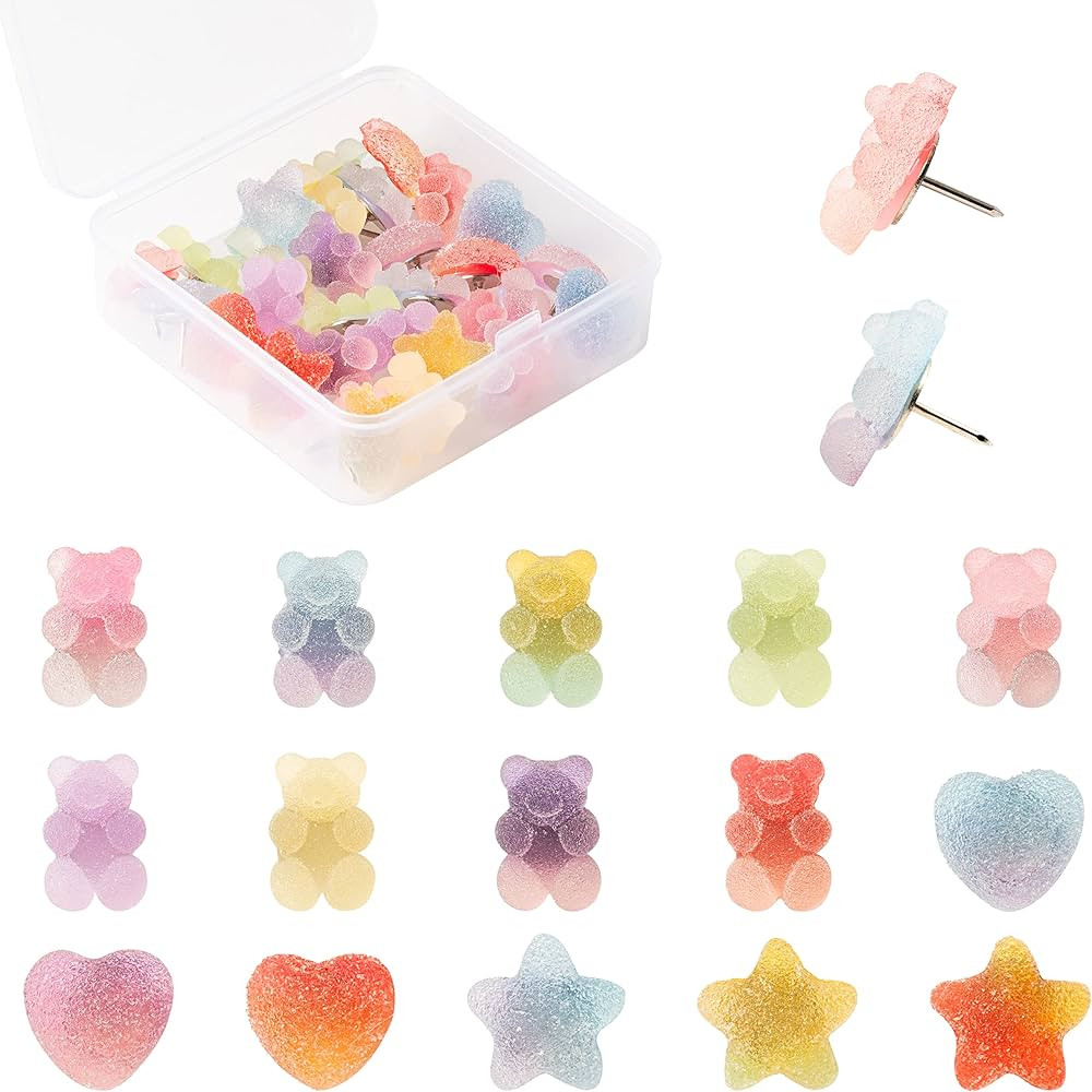 30PCS Colorful Gummy Bears Push Pins Decorative Translucent Bear Star Heart Shaped Pushpin Resin ... | Amazon (US)