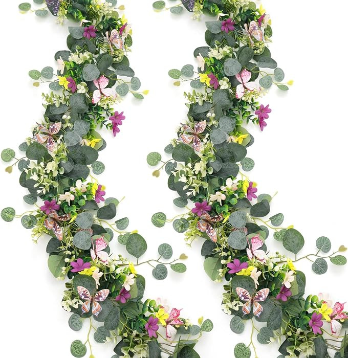2 Pack 5.68 FT Artificial Daisy Garland with 3D Butterfly, Hanging Fake Flowers Greenery Eucalypt... | Amazon (US)