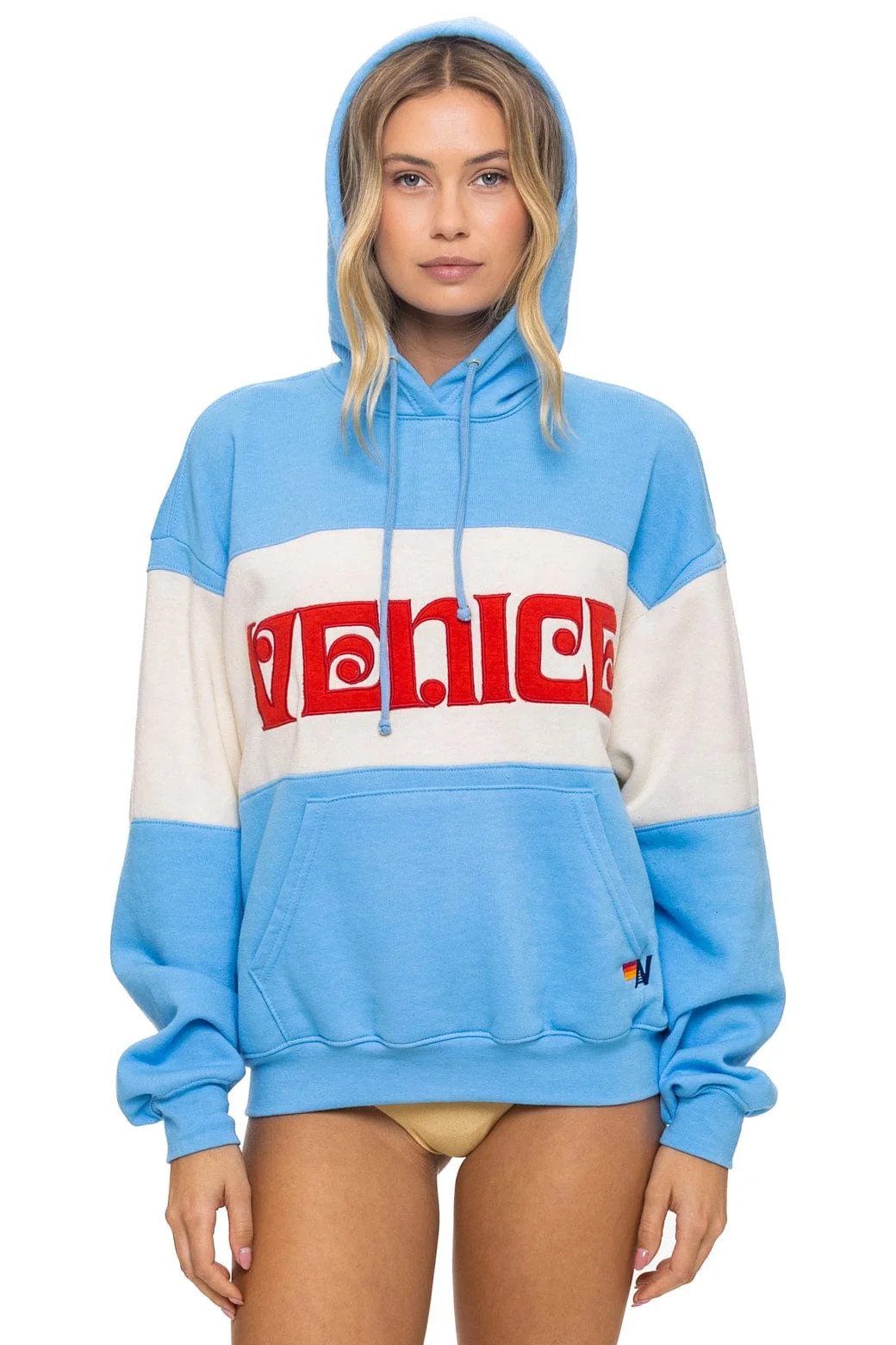 VENICE EMBROIDERY COLOR BLOCK PULLOVER HOODIE RELAXED - SKY // VINTAGE WHITE | Aviator Nation