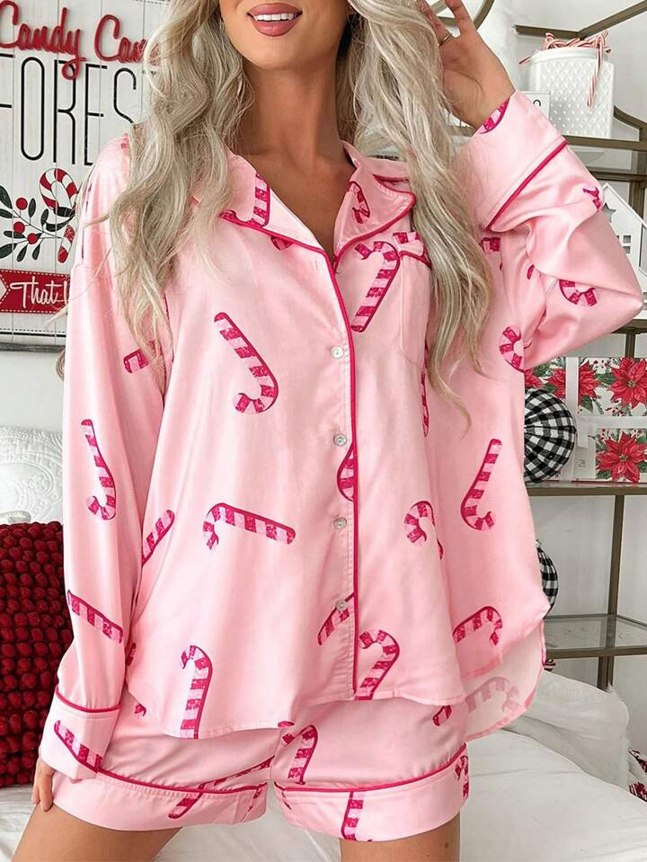 Women Christmas Satin Pajamas Sets Candy Cane Print Long Sleeve Button Down Shirts Tops And Short... | SHEIN