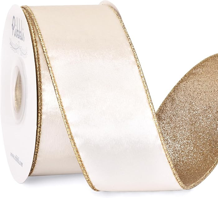 Amazon.com: Ribbli Ivory Velvet Ribbon Wired 2.5 Inch Glossy Velvet with Champagne Glitter Christ... | Amazon (US)