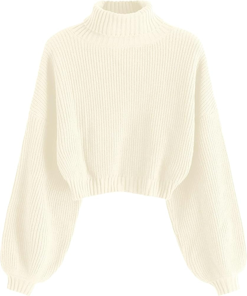 ZAFUL Women's Cropped Turtleneck Sweater Lantern Sleeve Ribbed Knit Pullover Sweater Jumper | Amazon (US)