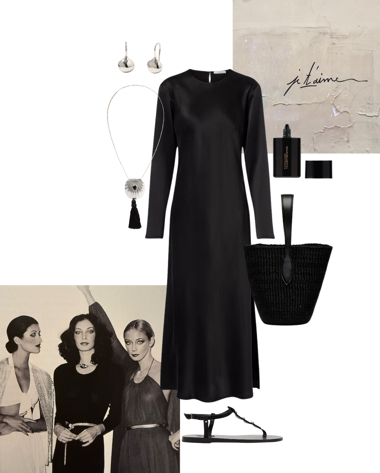 Party wear Outfit Inspo 

black satin midi dress, black silk midi dress, long sleeve midi dress, black long sleeve dress, satin dress women, black dress styling, silver drop earrings, silver dome earrings, sculptural silver earrings, silver pendant necklace, tassel pendant necklace, silver tassel necklace, statement silver jewellery, black raffia bucket bag, woven bucket bag, black straw bag, black thong sandals, flat leather sandals, ankle strap flat sandals, Victor Rolf perfume, black fragrance bottle, niche perfume, luxury fragrance, all black outfit, tonal dressing, 70s inspired fashion, vintage fashion aesthetic, French romantic style, effortless black dress outfit, how to style a satin dress, minimalist evening look, timeless black dress, classic black outfit 

 #LTKdatenight #LTKpartywear #LTKdresses