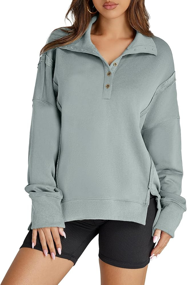 Glamaker Women's Oversized Sweatshirt Casual Long Sleeve Button V Neck Pullover Loose Tops Outfit... | Amazon (US)