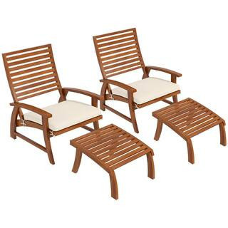 Teak Acacia Wood Outdoor Dining Chairs with Footstools, Slatted Seat and Backrest, Armrests Cream White Cushion | The Home Depot