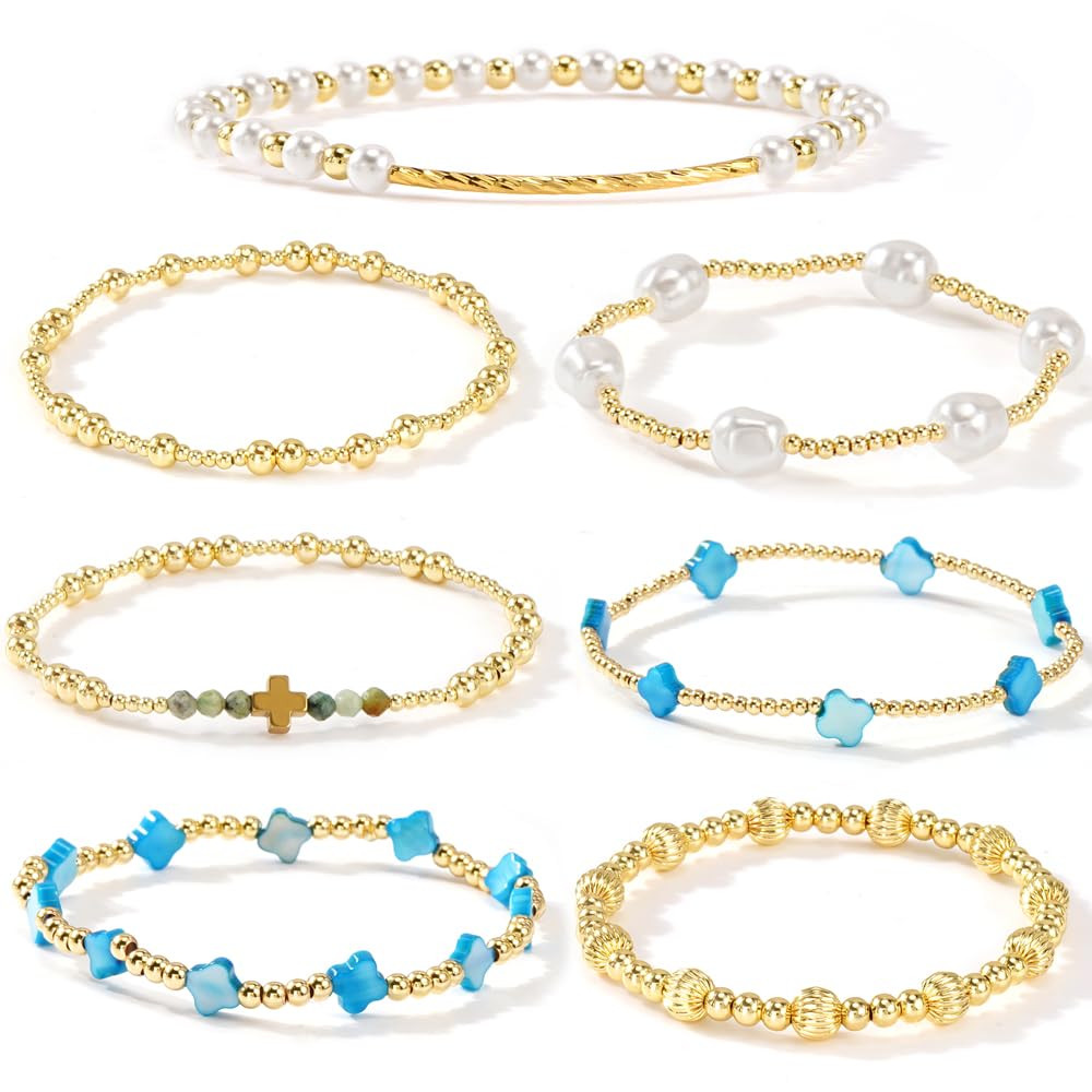 7PCS Dainty Cross Clover Gold Beaded Pearl Bracelet Stack for Women,Handmade Boho Gold Plated Bea... | Amazon (US)
