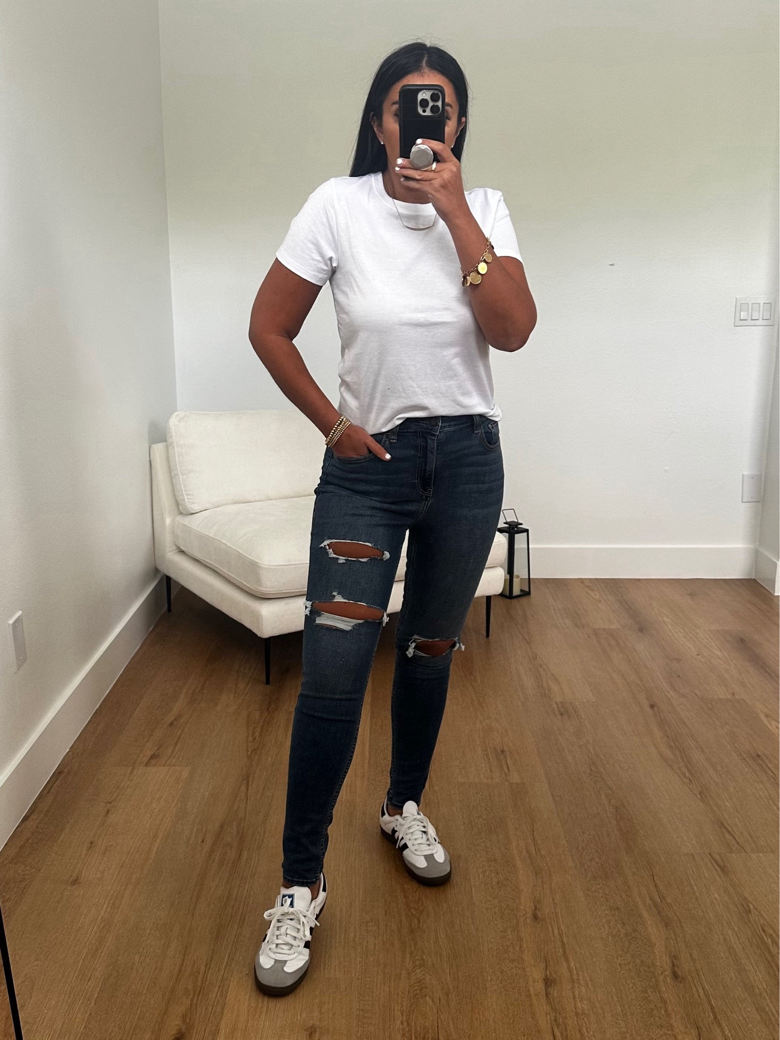 Longer-Length Crew T-Shirt wearing size medium. Curvy High-Rise Ripped Dark Wash Super Skinny Jeans wearing size 6. Adidas Sambas
