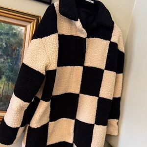 Faux Teddy Jacket Checkered Black Beige Cream White Coat Check L XL | Poshmark