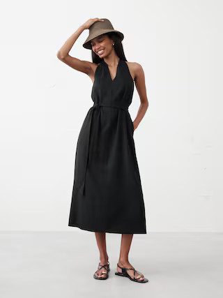 Linen-Blend Twist-Back Midi Dress | Banana Republic Factory