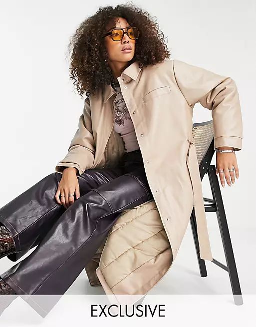 Reclaimed Vintage Inspired 90s oversized leather look trench in stone | ASOS (Global)