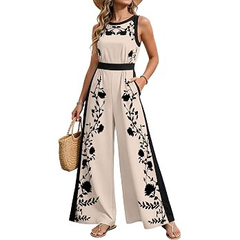 AGERWAY Women Jumpsuits Dressy Summer Round Neck Casual Sleeveless One Piece Outfit Floral Wide L... | Amazon (US)