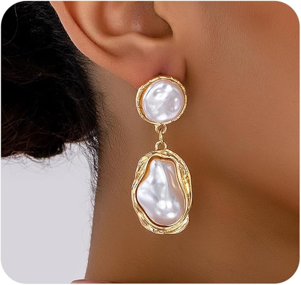 Gold Pearl Statement Earrings for Women,Vintage Large Baroque Pearl Dangle Drop Earrings,Trendy F... | Amazon (US)