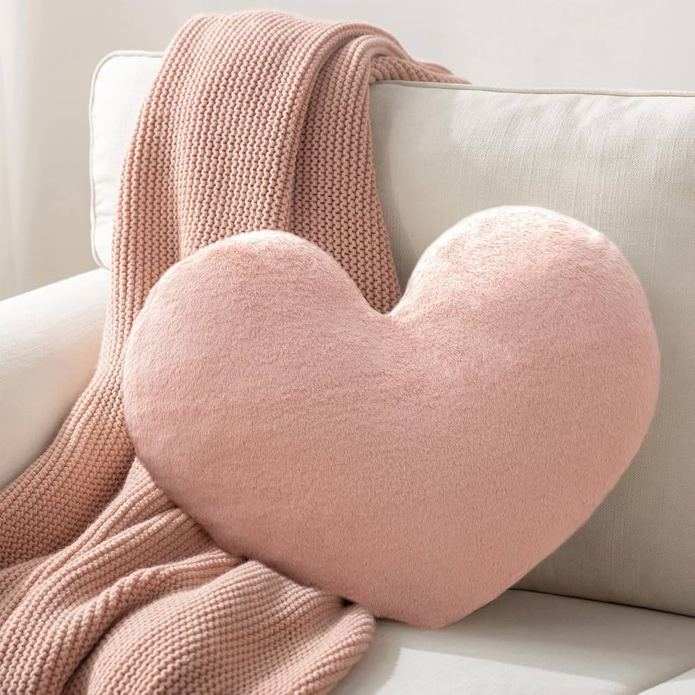Ashler Valentine's Day Light Pink Heart Shaped Throw Pillows, Faux Fur Rabbit 3D Fluffy Heart Thr... | Amazon (US)