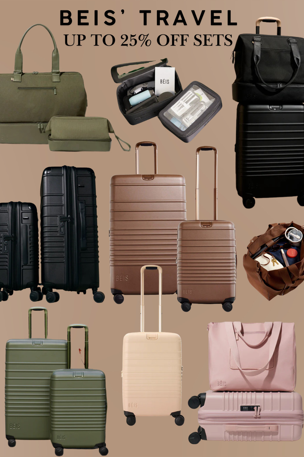 BEIS IS UP TO 25% OFF SETS FOR MEMORIAL DAY AND FREE SHIPPING ON ORDERS OVER $140 — this is the sale we have ALL been waiting for!! 🧳✈️ 


If you have been eyeing BEIS luggage or travel bags now is absolutely the time to pull the trigger because this deal will NOT last past the weekend and BEIS sets sell out FAST!! 



Here's everything in this collage:
🌿 Olive green weekender duffle + toiletry bag set
🖤 Black travel organizer pouch set — clear window, genius!!
🖤 Black carry on luggage — matte finish
🤎 Cognac brown luggage set — large and carry on
🖤 Black large check in luggage set
🤎 Brown leather weekender tote — interior organizer
🌿 Olive green luggage set — large and carry on
🤍 Cream beige carry on — the most classic colorway
🩷 Blush pink luggage and tote set



Everything linked below — tap to shop before your size and color sells out!! These deals end after the weekend!! 👇🧳




#beis #beistravel #beisluggage #beisbags #beissale #memorialdaysale #memorialdayweekend #luggagesale #travelbagssale #25percentoff #salealert #dealalert #travelmusthaves #travelessentials #luggageset #carryon #carryonluggage #checkinluggage #weekenderbag #traveltote #travelbag #travelorganizer #oliveluggage #blackluggage #cognacbag #blushluggage #creamluggage #aestheticluggage #travelaesthetic #airportstyle #airportootd #packwithme #travelpacking #girlstrip #girlstravel #summertravel #vacationessentials #europeansummer #beachweekend #travelinStyle #luxurytravel #affordableluxury #designerlookalike #thelookforless #over40travel #over40style #momtravel #familytravel #weekendtravel #travelgear #LTKFindsUnder100 #LTKGiftGuide #LTKfamily

#LTKTravel #LTKSaleAlert #LTKSeasonal #LTKOver40 #LTKSeasonal #LTKSaleAlert #LTKTravel
