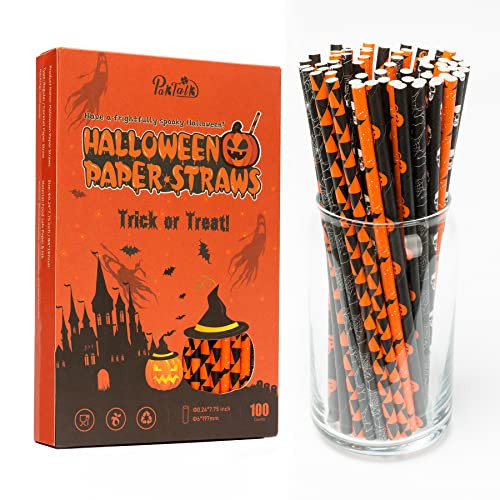 PakTalk Halloween Straws, 6 Mixed Style Orange Black and White Halloween Paper Straws, Biodegradable Pumpkin Bat Spider Skull Drinking Straws for Halloween Party Supplies (0.24" x 7.75", 100 Packs) | Amazon (US)