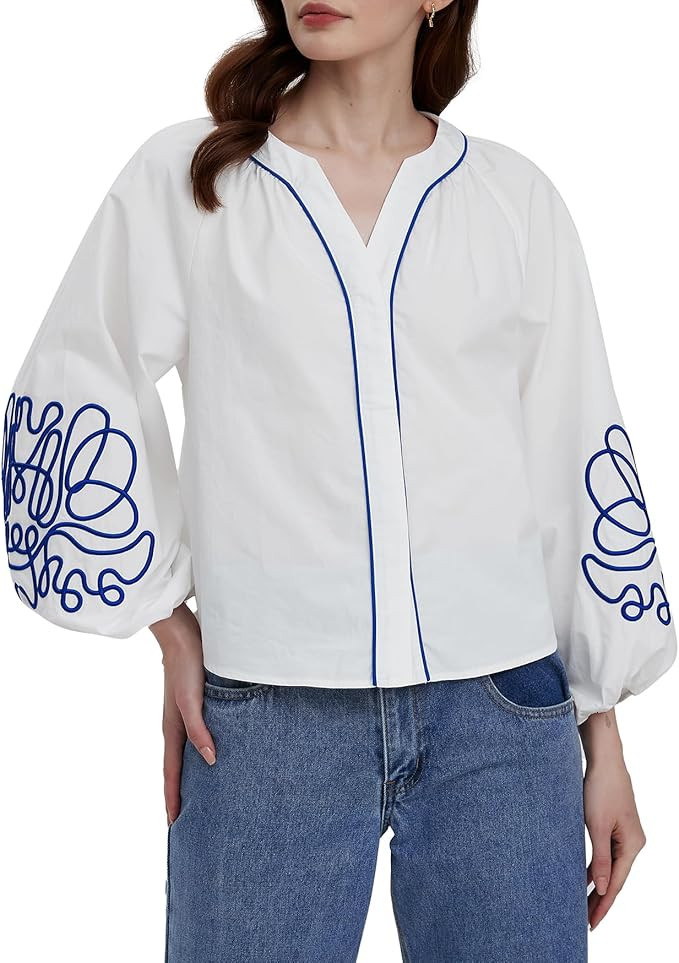 Kedera Women's Casual Floral Embroidered V Neck Blouses Boho Long Balloon Sleeve Mexican Shirts L... | Amazon (US)