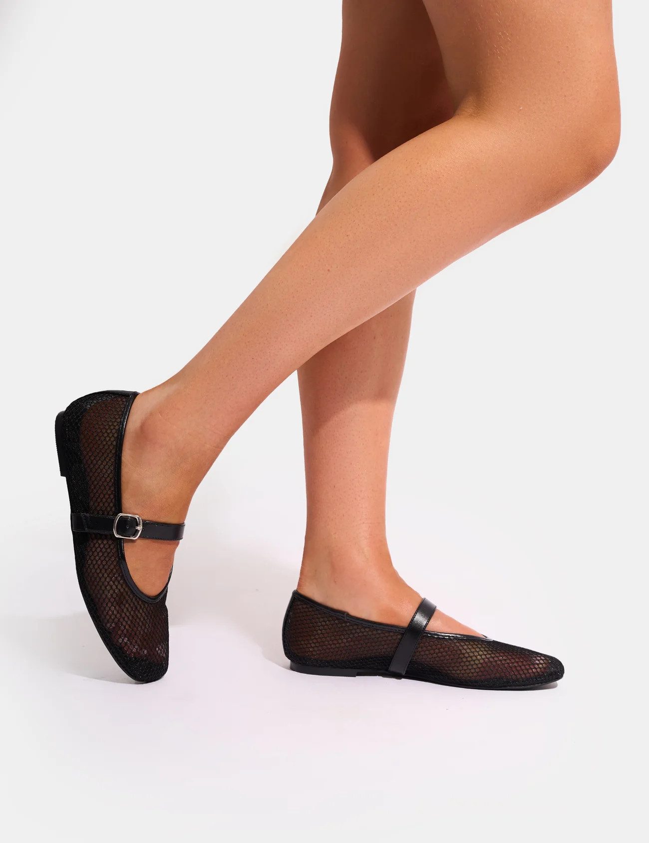 Nelly Black Mesh Buckle Strap Ballet Flat Pumps | Public Desire
