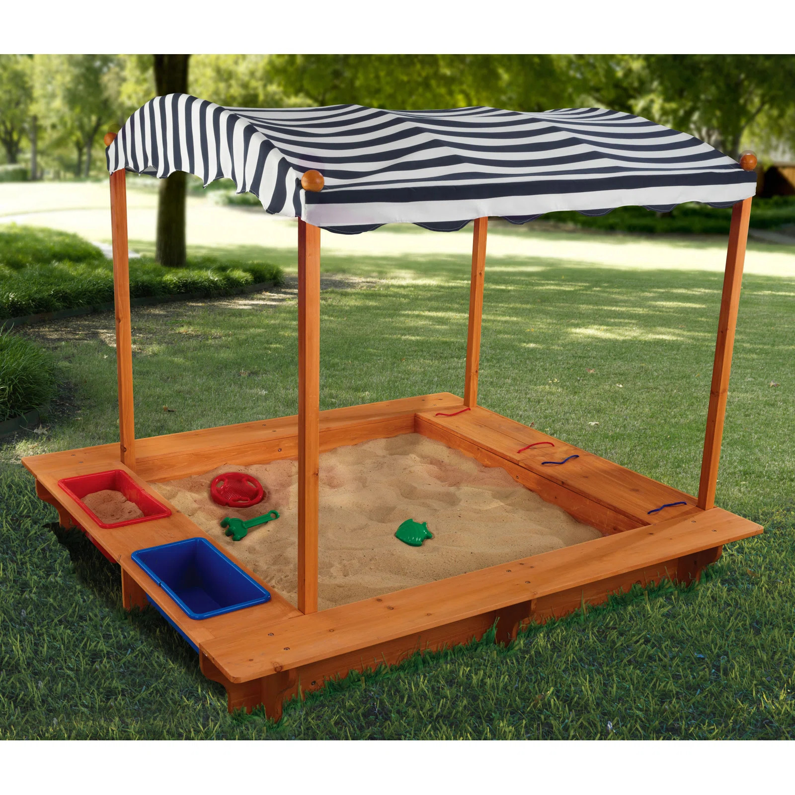 Outdoor Covered Wooden Sandbox with Bins and Striped Navy & White Canopy | Wayfair North America