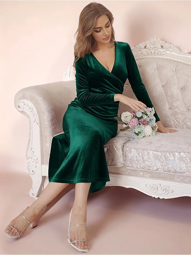 Womens Elegant Velvet Deep V Neck Wrap Hip Solid Long Sleeve Evening Party Cocktail Prom Gown Lon... | Walmart (US)
