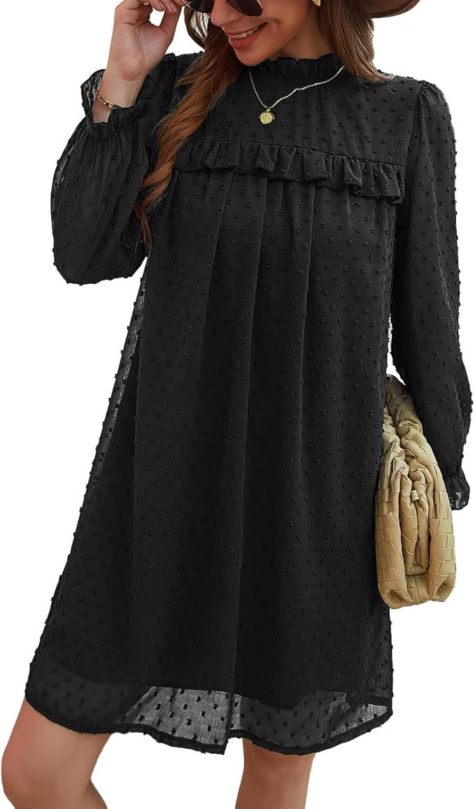 XIONGMEI Women’s Casual Fall Dress Long Sleeve Crewneck Swiss Dot Chiffon Solid Color Ruffle Lo... | Amazon (US)