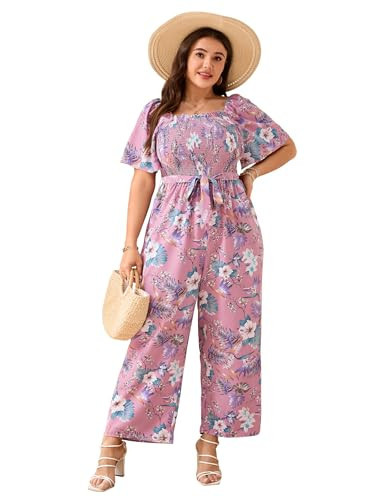 KOJOOIN Plus Size Casual Jumpsuits for Women Outfits Tie Belt Bell Sleeve Smocked Beach Wide Leg Floral Jumpsuits Pink Flower 5XL | Amazon (US)