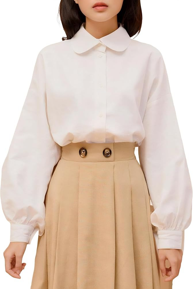 wearVAST Womens Long Sleeves Round Collar Linen Blouse Bishop Sleeves Peter Pan Collar Linen Shir... | Amazon (CA)