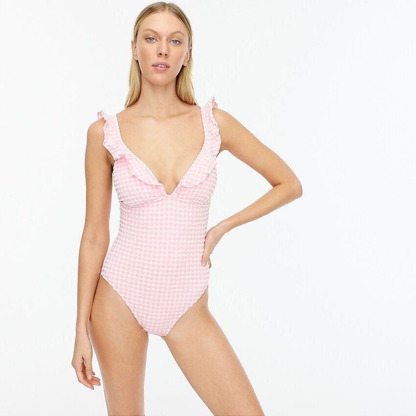Ruffle plunging V-neck one-piece swimsuit in puckered gingham | J.Crew US