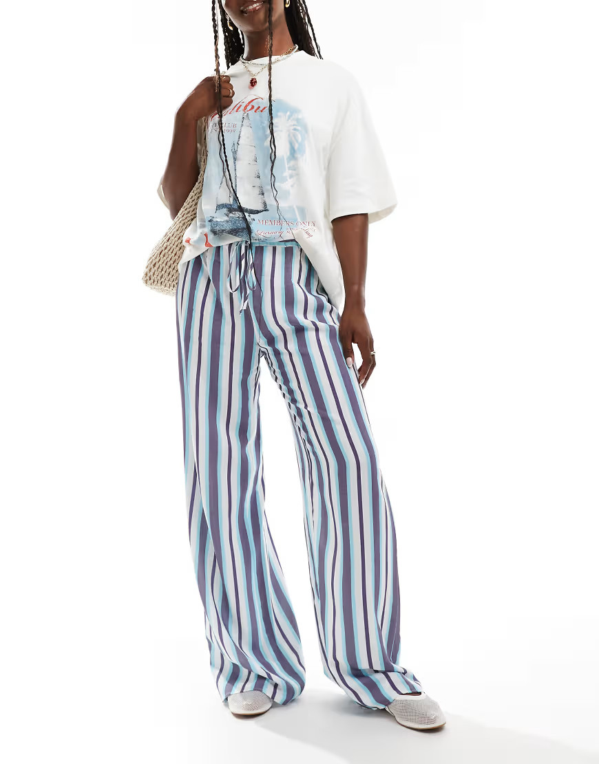 ASOS DESIGN linen blend relaxed pants in blue stripe-Multi | ASOS (Global)