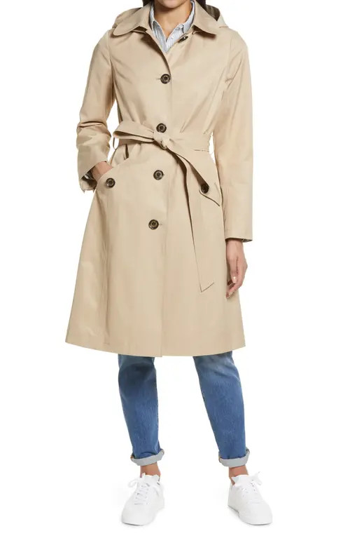 Sam Edelman Water Repellent Belted Trench Coat with Removable Hood in Sand at Nordstrom, Size Large | Nordstrom