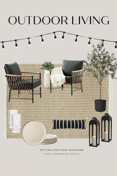 These gorgeous outdoor chairs are on sale- $100 off! Outdoor living furniture and decor. Outdoor rug, olive tree, outdoor pillow, lanterns, acrylic glasses, string lights, neutral, beige, modern organic, bhg, Walmart, Amazon home, Amazon finds

Virtual interior design

#LTKFind 

#LTKhome #LTKsalealert
