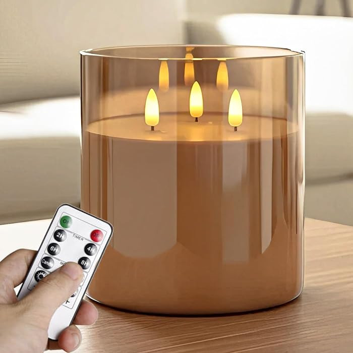 NICEME Extra Large 3 Wick Battery Operated Candle, 6"x6" Big Clear Glass Flameless Candles with R... | Amazon (US)