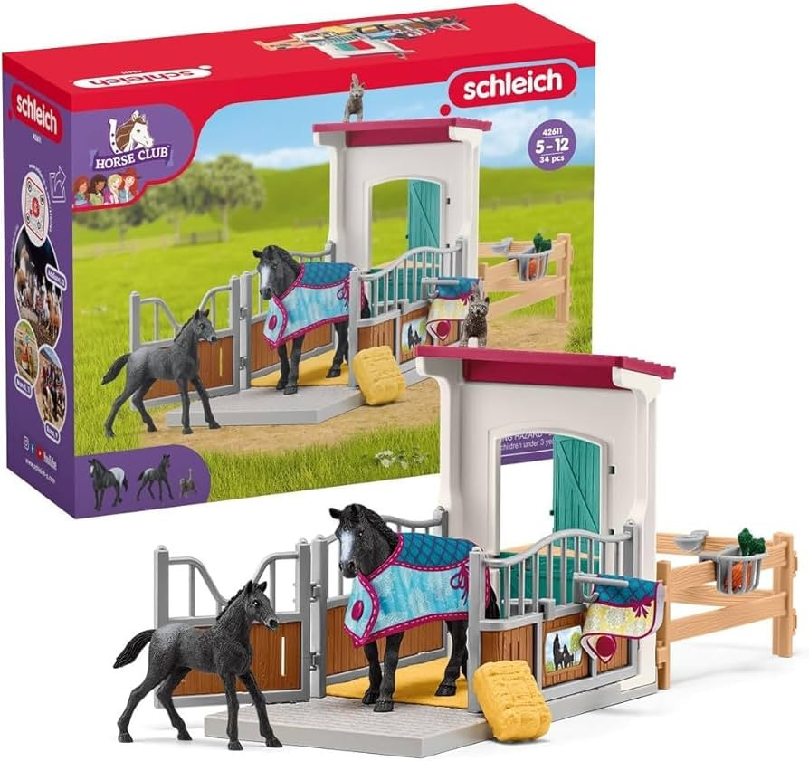 Schleich Horse Club - 34PC Stall Horse Toy Playset with Mare and Foal Figure, Cat Figurine, and A... | Amazon (US)