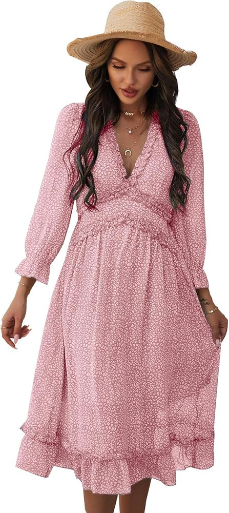 QANSI Women Long Sleeve Ruffle Layer Sexy V Neck Print Swing Midi Dresses | Amazon (US)