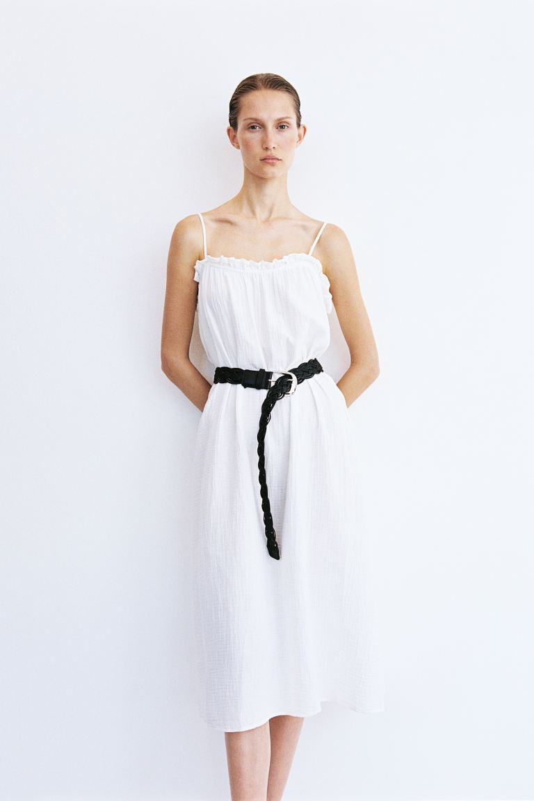 Ruffle-trimmed Cotton Dress - Sleeveless - Long - White - Ladies | H&M US | H&M (US + CA)