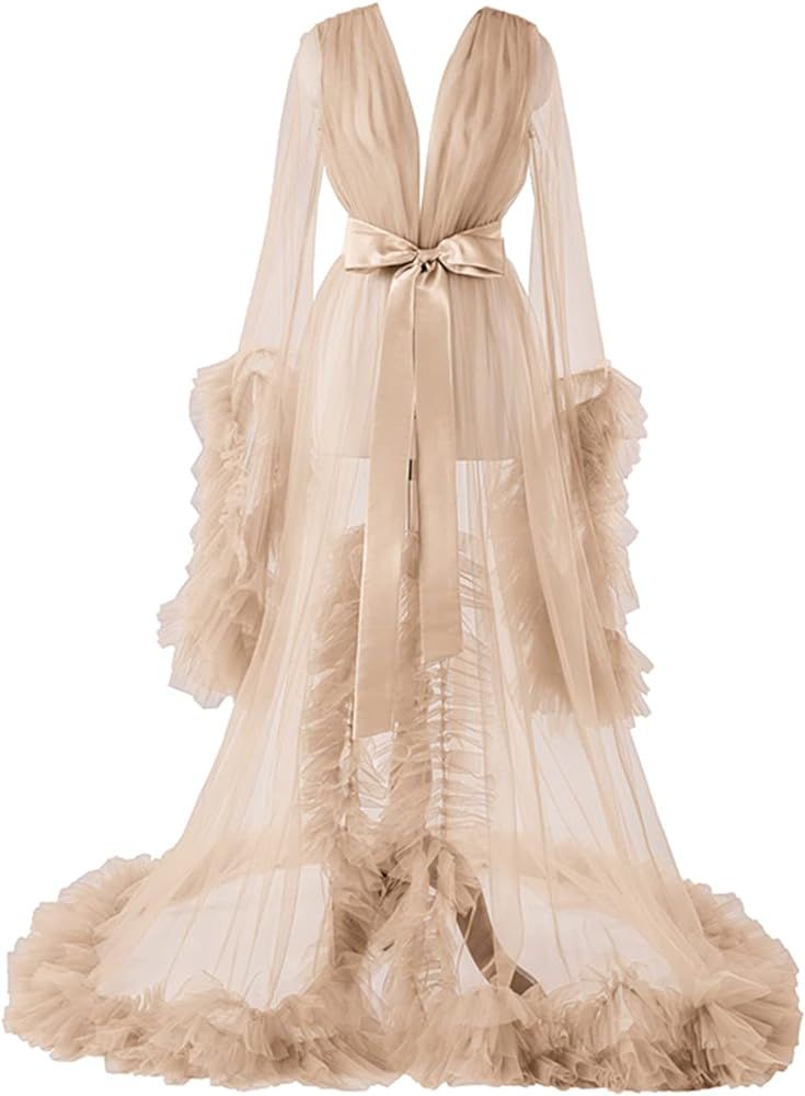 FangJian Women's Long Bridal Robes Tulle Lingerie Maternity Bathrobe Photoshoot Illusion Wedding Sca | Amazon (US)