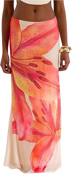 MakeMeChic Maxi Long Skirt for Women Mesh Y2k Summer Floral Flowy Skirt | Amazon (US)