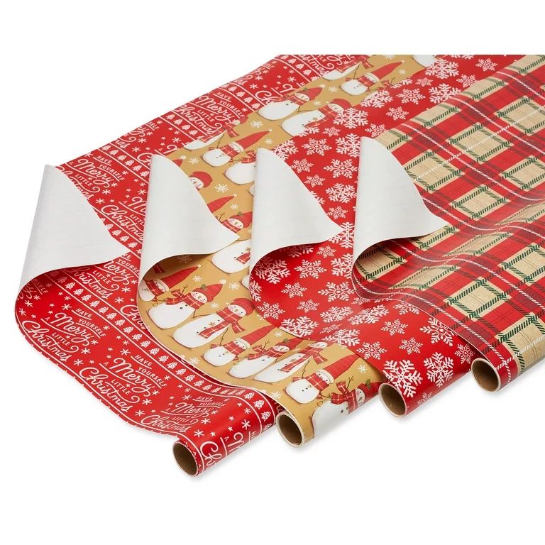 Greetings Christmas Wrapping Paper Ensemble with Gift Tags, Red, Green and Tan, Snowmen, Plaid an... | Walmart (US)