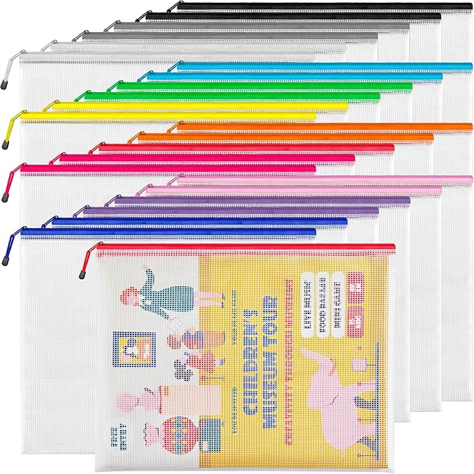 JARLINK A3 (16.9x12.4 in, 24 Pcs) Mesh Zipper Pouch, 12 Colors Extra Large Zipper Bags, Waterproo... | Amazon (US)