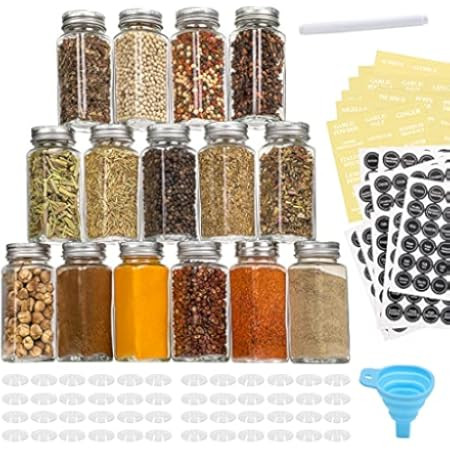 AOZITA 36 Pcs Glass Spice Jars with Spice Labels - 4oz Empty Square Spice Bottles - Shaker Lids and  | Amazon (US)