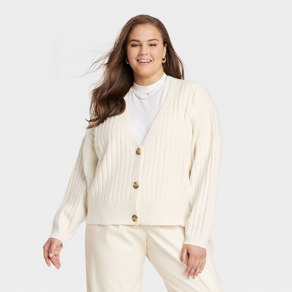 Women's Plus Size Button-Front Cardigan - A New Day Cream 2X, Ivory | Target