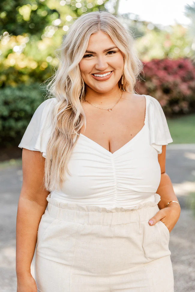 Just Say Yes Ruched Flutter Sleeve Bodysuit Ivory | Pink Lily